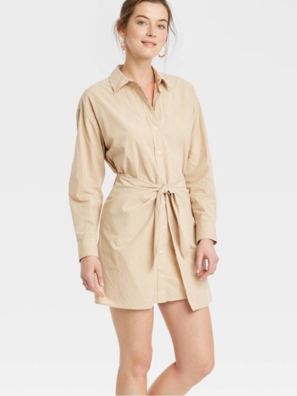 Universal Thread Tie-Front Mini Shirt Dress Beige Khaki Button Down Long Sleeve